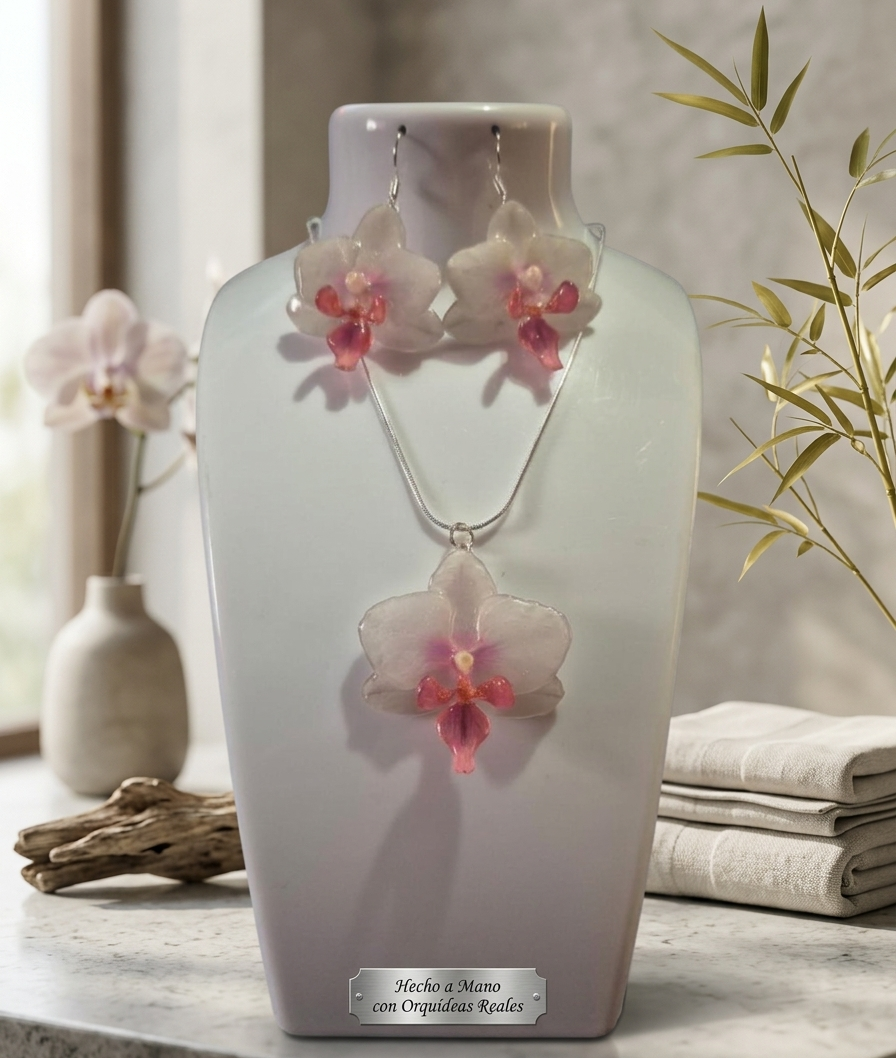 Colección Orquídea Ixya: Set de Dije y Aretes Artesanales (Incluye Cadena de Plata 925)