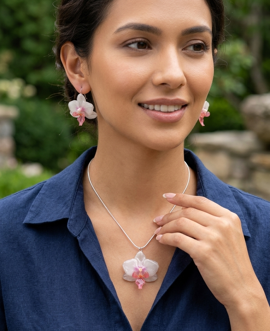 Colección Orquídea Ixya: Set de Dije y Aretes Artesanales (Incluye Cadena de Plata 925) - Image 2