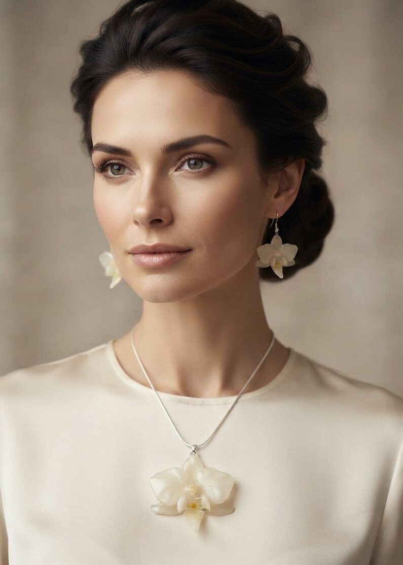 Set de Dije y Aretes de Orquídea Natural en Plata | Ixya - Image 2